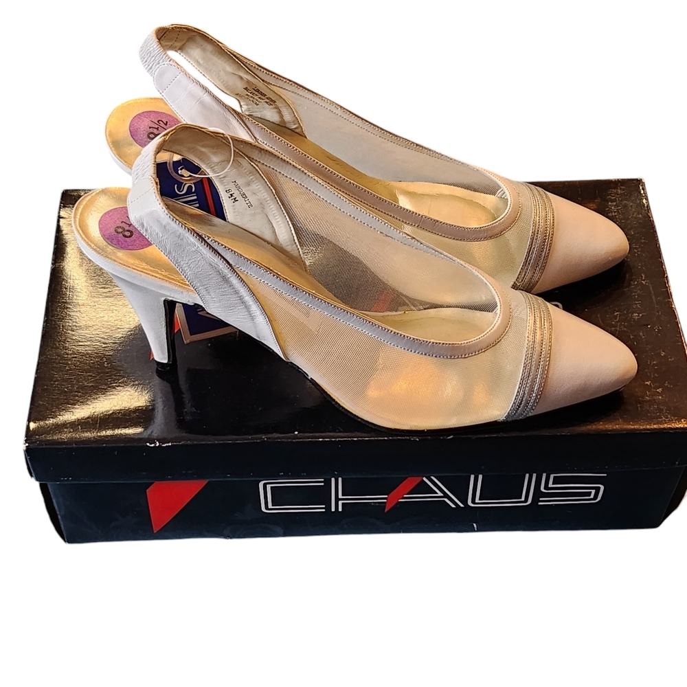 NWTB Chaus Marguerite White Leather Mesh Slingback Heels Size 8.5M